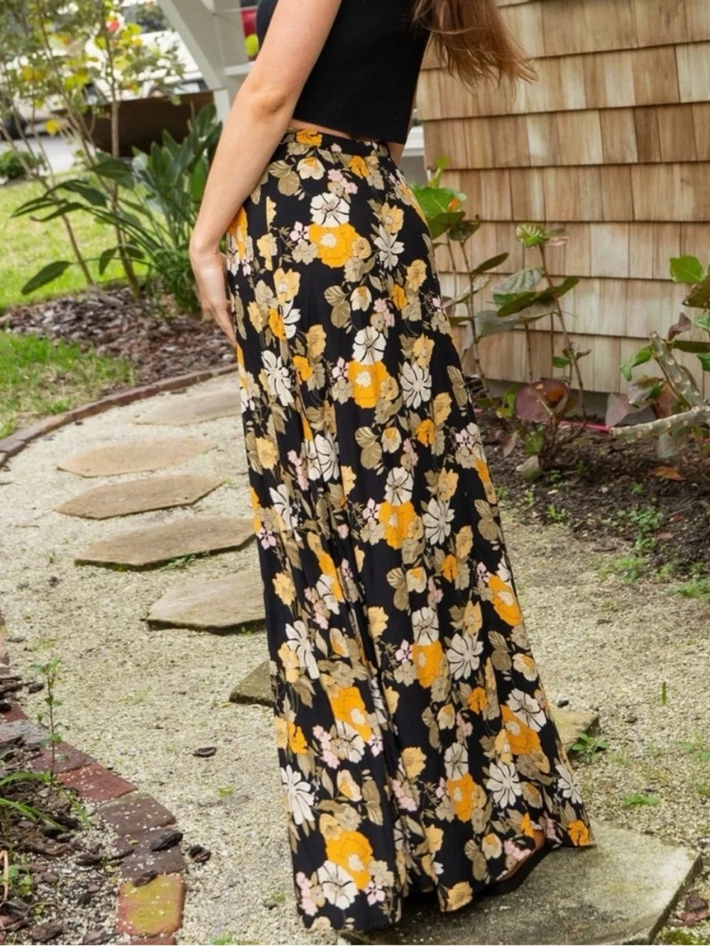 Natural Life Ginger SideSlit Maxi Skirt Black Marigold Floral Boho Cottagecore S